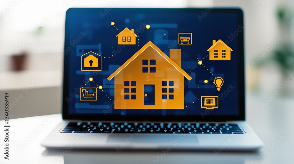 Poster a laptop computer screen displaying a variety of digital home icons and symbols representing various