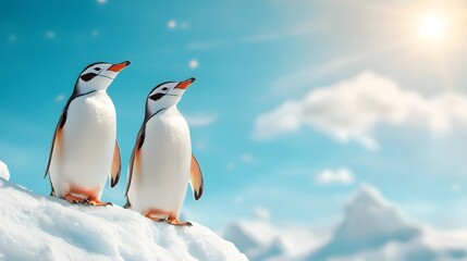 A colony of chinstrap penguins gathered on an icy cliff overlooking the frigid Antarctic waters in a serene and majestic natural landscape with copy space for text or design