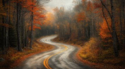 Obraz premium Winding autumn road scenic view forest landscape nature photography tranquil environment serene concept