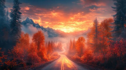 Breathtaking autumn sunset over serene mountain road nature scene peaceful environment scenic view