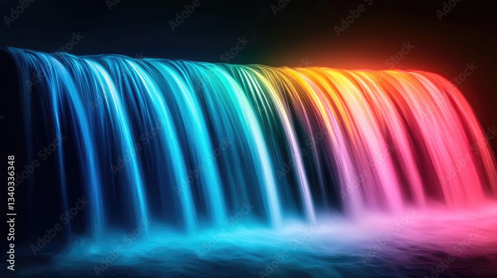 Poster rainbow waterfall landscapes harmonious concept. a vibrant waterfall with colorful lights, creating 