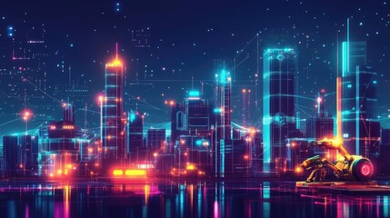 Fototapeta premium Futuristic Cityscape With Glowing Structures And Neon Lights During Nighttime Landscape Illustration For Art Enthusiasts' Visual Delight. Illustrative Art Of A Dynamic City Scene With Bright And