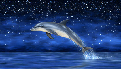 Majestic dolphin leaps through the night sky, stars sparkling above the ocean.  A breathtaking scene of marine wildlife.