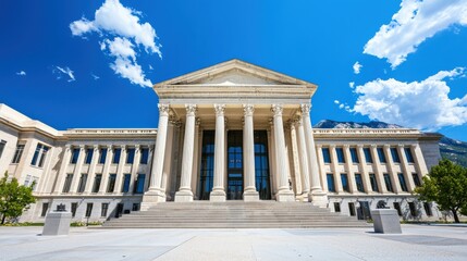 Fototapeta premium A grand neoclassical style courthouse with ornate columns a prominent pediment and a majestic dome set against a bright blue sky with fluffy white clouds