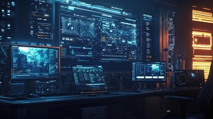 Futuristic Digital Network Security Control Room Blue And Orange Glowing Screens Displaying Complex Data Streams In A Dark Room