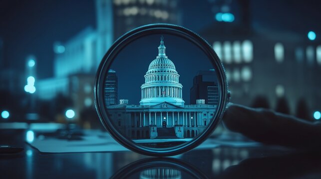 A stunning night view of a historic building, captured through a magnifying glass, showcasing architectural details and urban ambiance.