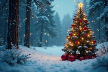 Cozy winter forest with Christmas tree and ornaments, evergreen trees, soft lighting, rustic charm