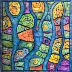 Obraz premium Colorful stained glass artwork featuring abstract shapes and patterns, with vibrant hues of blue, orange, green, and purple. design evokes sense of creativity and joy