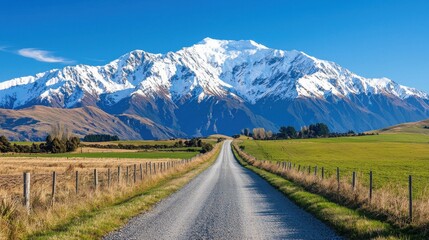 A breathtaking view of a serene snow capped mountain range stretching across the horizon in a remote rural landscape