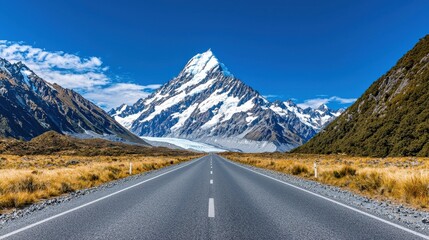 Naklejka premium A breathtaking view of a majestic snowcapped mountain range stretching across the horizon with a winding road leading through the rugged scenic landscape