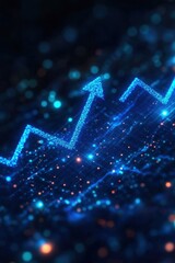 Abstract financial growth arrow on dark blue digital grid background representing business success and market trend in modern technology style with bokeh effect