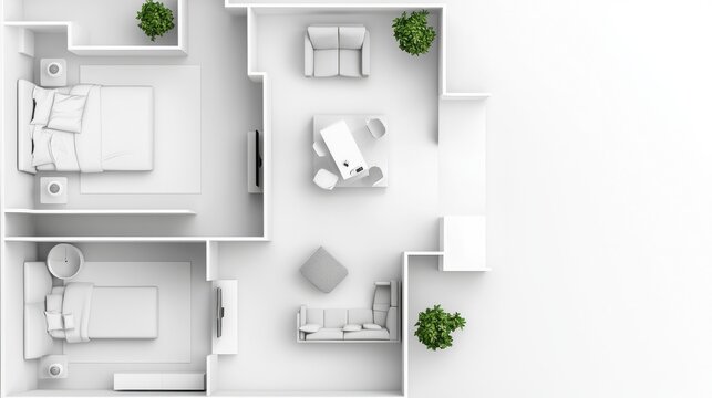 Overhead view of a minimalist abstract hotel floor plan layout featuring clean geometric furniture and decor arrangements in a modern sophisticated style