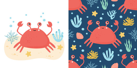 Marine pattern with cute red crabs