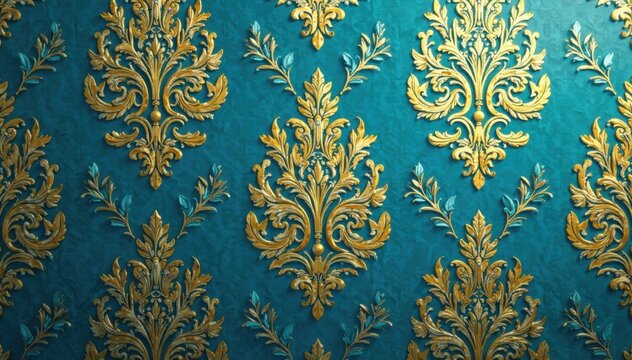 Damask Wallpaper with Gold and Turquoise Motifs, gold damask wallpaper, luxurious wallpaper, woven design