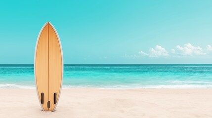 A vibrant beach scene featuring a yellow surfboard against a backdrop of turquoise waters and a clear sky, perfect for summer vibes.
