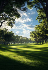 Obraz premium arafed view green golf course with hole trees generative ai