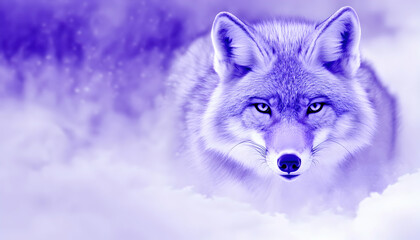 Obraz premium Majestic purple wolf portrait in snowy landscape; intense gaze, winter wonderland, serene atmosphere, artistic edit.