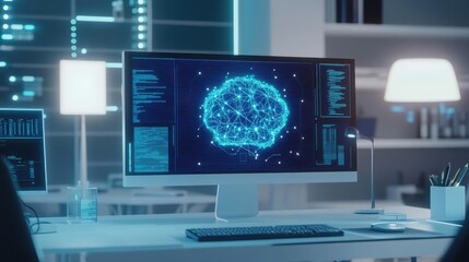 Fototapeta premium Glowing Data Sphere on Computer Screen in Modern Workspace Desk Area Area of Office Digital Space Technology System with Modern Design Interface for Visualization of Data Connectivity and Information