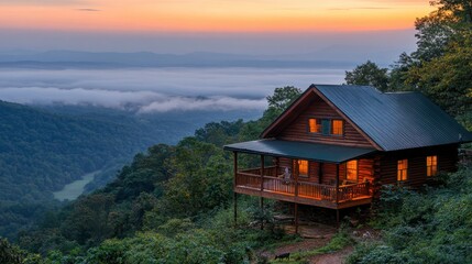 Sunset cabin retreat overlooking misty valley nature landscape photography tranquil environment serene view