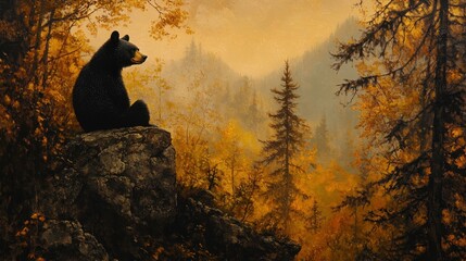 Majestic bear watching sunset in autumn forest nature scene tranquil environment scenic viewpoint
