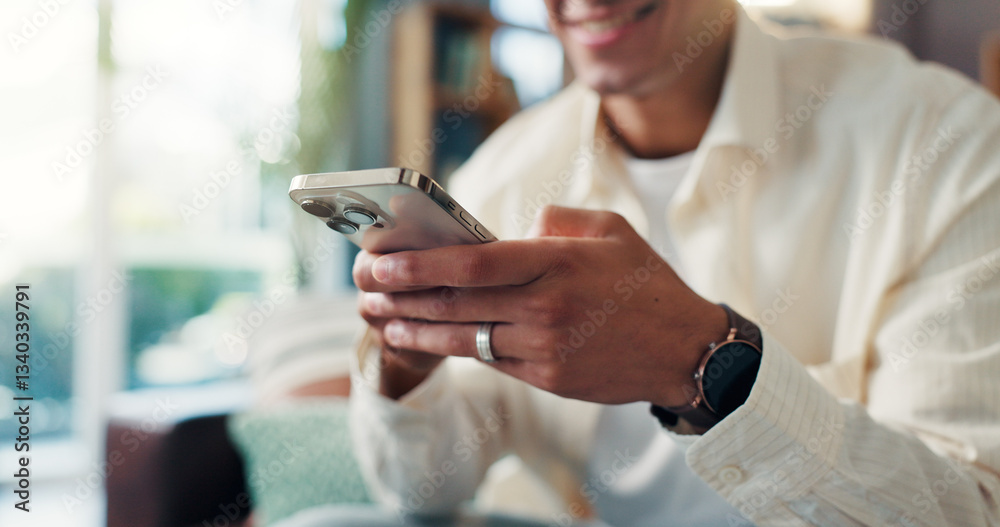 Leinwandbilder smartphone, hands and man on sofa in home for social networking on mobile app for connection. phone,