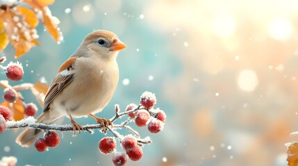 Fototapeta premium Snow Bunting Perched on a Frozen Branch Its Small Beak Tucked Into Its Feathers to Stay Warm in the Chilly Photography Style with Copy Space