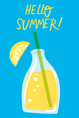Hello Summer Greeting Card, poster. Lemon and lemonade bottle. Bright colors, vector flat illustrations