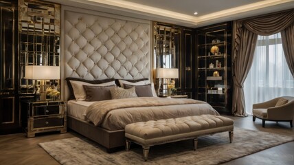Luxurious bedroom interior with dark furniture and light bedding. Ideal for luxury homes or interior design photography