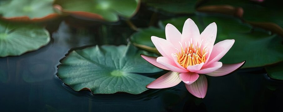 Water lily pond landscapes harmonious concept. A serene pink lotus flower blooming gracefully on tranquil water.