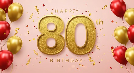 Celebrating 80th Birthday with Gold Number, Balloons and Confetti