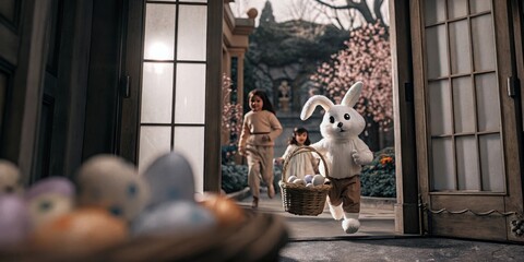 A family celebrating Easter together, with children eagerly unwrapping candy-filled Easter eggs.