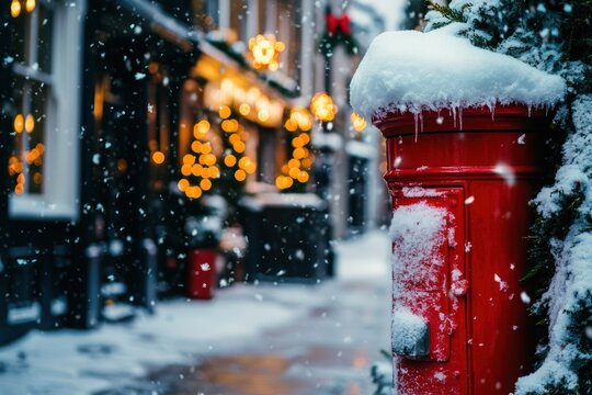 A red postbox covered in snow, standing on a charming British street with Christmas decorations glowing in the background.