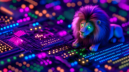 Naklejka premium A stylized lion sits atop a vibrant, glowing circuit board, creating a captivating blend of nature and technology.