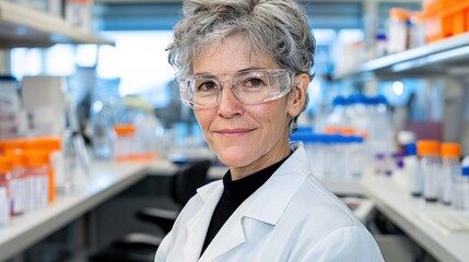 A focused and dedicated scientist in a white lab coat standing in a research laboratory surrounded by scientific equipment and examining samples as part of the development of new medicines