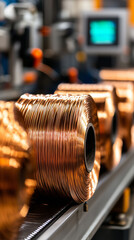 Copper Wire Rolls on Conveyor Belt in Metal Processing Factory

