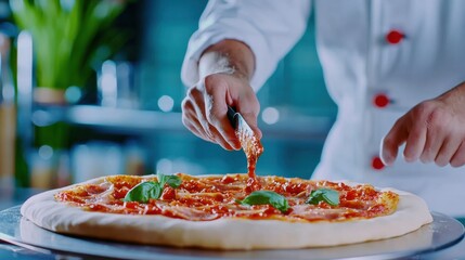 A skilled pizza chef expertly assembling a delectable pizza carefully spreading the aromatic tomato sauce over the dough in for baking