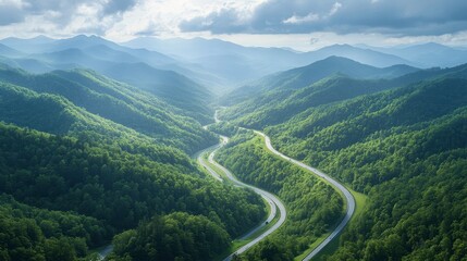 Fototapeta premium Winding road journey through lush green mountains scenic landscape viewpoint nature photography