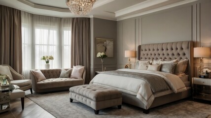 Luxurious master bedroom with bay window