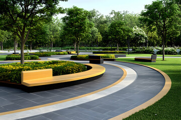 Obraz premium Serene park landscape design featuring curved pathways, modern benches, lush greenery, and mature trees. Ideal for relaxation, recreation, and urban planning projects.