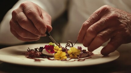 A chef delicately plating a gourmet dessert, placing edible flowers and chocolate curls with tweezers. --ar 16:9