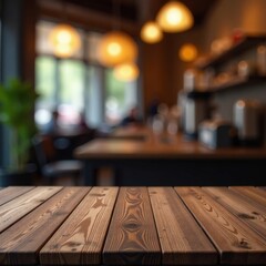 Dark wooden table top on blurred cafe background with soft golden bokeh, bokeh, gold, coffee table