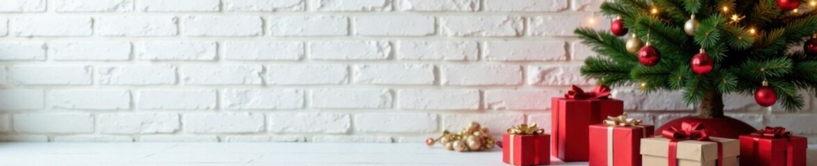 Decorated Christmas tree and gift boxes on white brick wall with festive lights and ornaments, Gift, Holiday