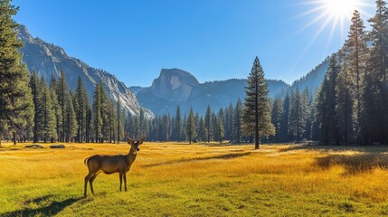 Stunning deer in yosemite national park nature scene sunny meadow majestic landscape view