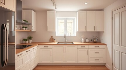 cozy minimalist kitchen with white cabinets contrast with a warm wooden countertop