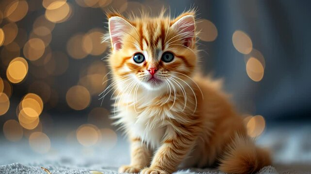  Orange kitten sitting on a fluffy white surface with a festive bokeh light backdrop