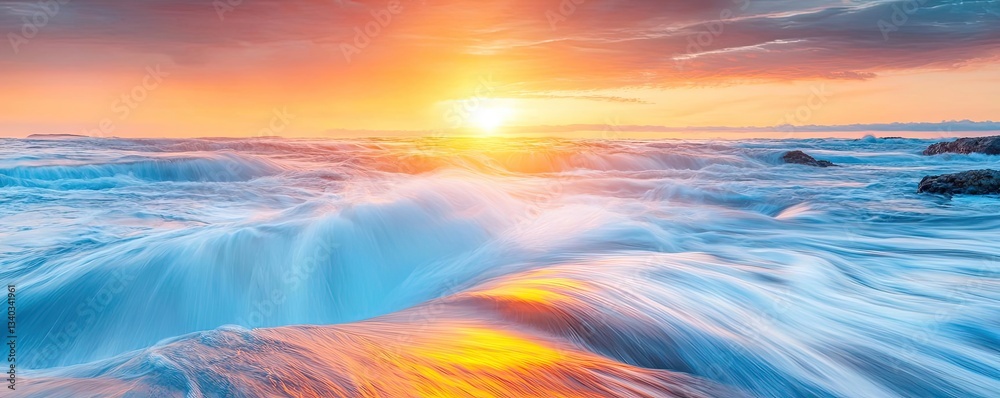 Poster river rapids landscapes harmonious concept. vibrant sunset illuminating ocean waves with dynamic mov