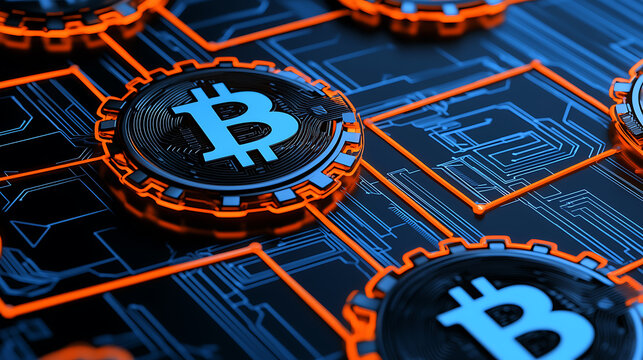 Bitcoin transaction processing digital finance infographic virtual environment close-up view cryptocurrency technology