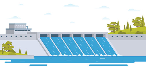 Hydroelectric dam with flowing water and environment. Editable Vector Illustration of a Renewable Energy Concept