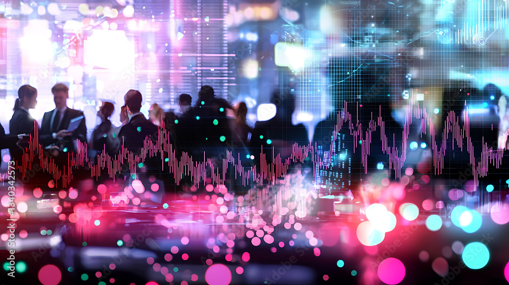 Poster dynamic business event in urban setting with data visualization vibrant environment futuristic conce
