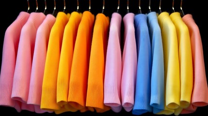 Colorful sweaters hanging on a rack.